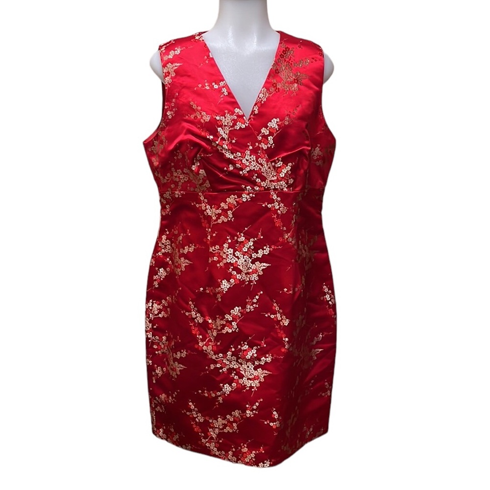 MODA INTERNATIONAL Asian Style Blossom Print Red/Gold Sleeveless Dress~s…